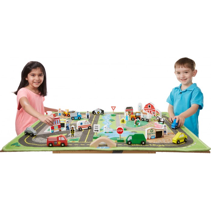 Covor mare Oras de joaca copii cu 49 de piese masinute si cladiri din lemn  Covoras Jumbo Deluxe Roadway Activity Rug Melissa si Doug